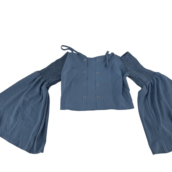 Tops - Boho Off Shoulder Bell Sleeve Smocked Crop Top Blue Grommet Detail Babydoll M